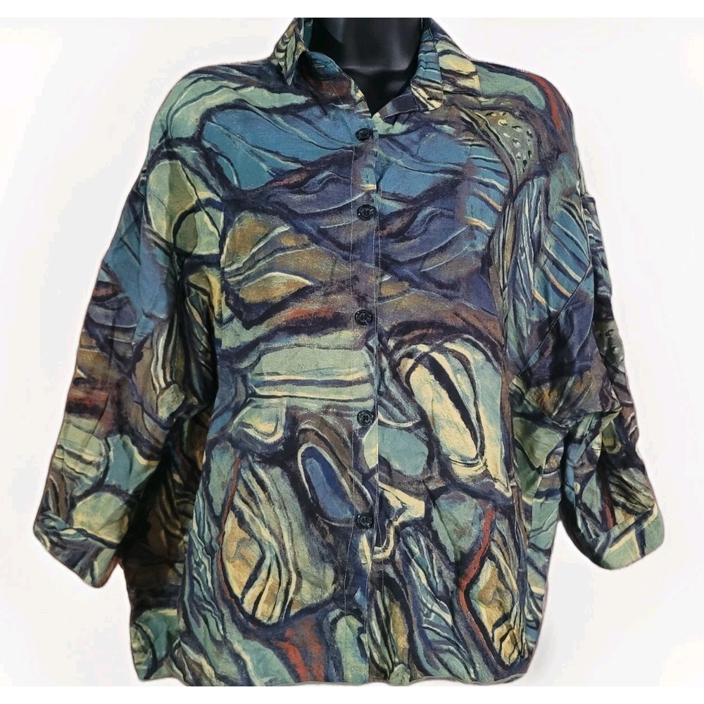 3 potato Button Up Blouse Sz XS/S Oversize Green Abstract Lagenlook Art to Wear